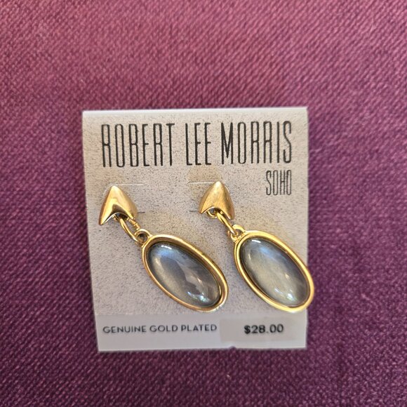 Robert Lee Morris Soho NOS Gold & Grey Moonstone-Look Post Earrings - Picture 3 of 5
